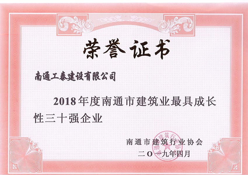 2018年度南通市最具成長性三十強(qiáng)企業(yè)